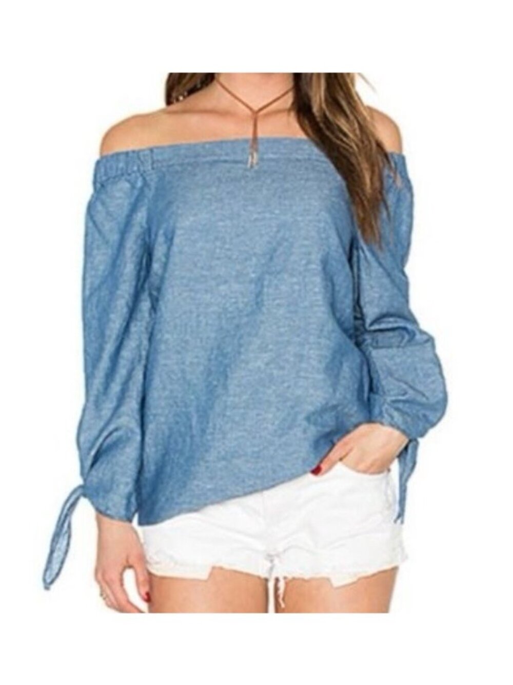 Free People Show Some Shoulder Top Large Chambray Oversized Linen/Cotton Blend